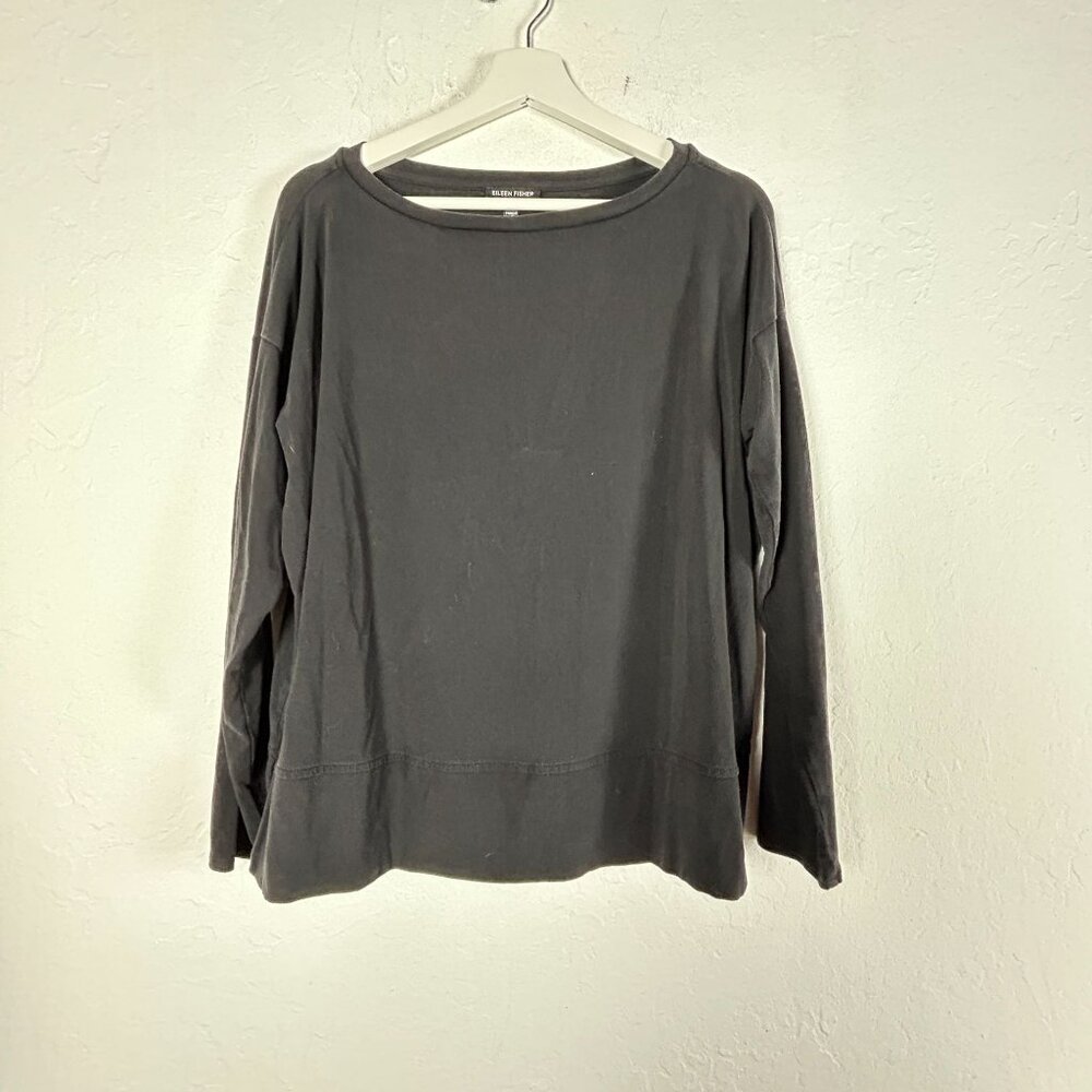 Eileen Fisher Womens Black Long Sleeve Boat Neck T-Shirt Small Tencel Stretch